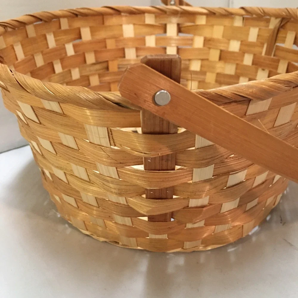 Woven Wood Splint Basket 11 Inch Natural Tan Round Tall Swing Handle Cottagecore